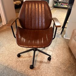 Mid-Century Style Office Chair – Wood & Brown Leather 
