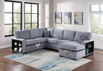 Sleeper Sofa W/Fold-Down Table, Chaise Storage, Wireless Charging & Built-in Shelf