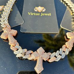 Triple Rose Gold Cross Iced Out Baguette Chain 