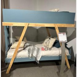 Wood Twin Over Twin Bunk Bed Blue And Natural 