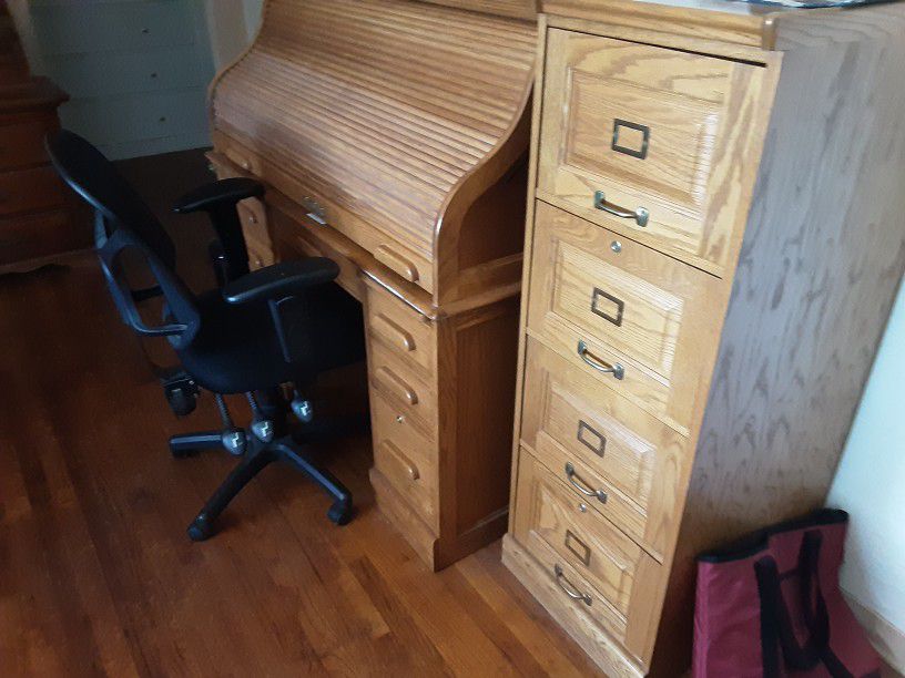 Solid Wood Rolltop Desk W/ Matching Filing Cabinet And Desk Chair