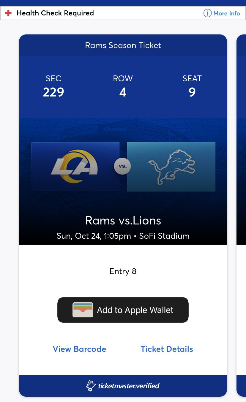 Rams Tickets Vs Lions 10/24 With Tailgate Parking Pink Section