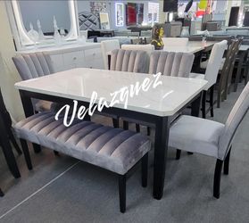 ✅️✅️ 5 pc Pascal black wood finish faux marble top dining table set grey fabric (Bench not included)✅️✅️