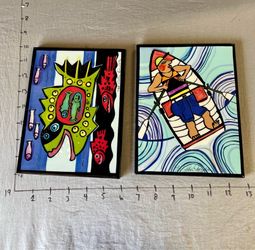 Pat Custer Denison Pottery Tiles (2) Signed…6x8 Mouthy Fish Both Oars In Water