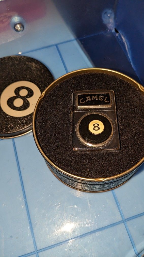 Vintage Camel 8-Ball Zippo Lighter, Tin, And Ask Tray.