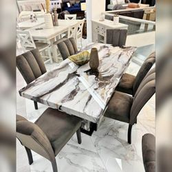 7PC Marble top dining table set coffee color