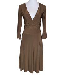 Slinky Mocha Brown Wrap Dress Bell Sleeve Ruched Waist Minimalist Y2K Size Small