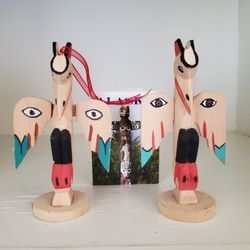 Vintage Alaska Black Diamond Totem Pole Raven Ornament And Free Standing.