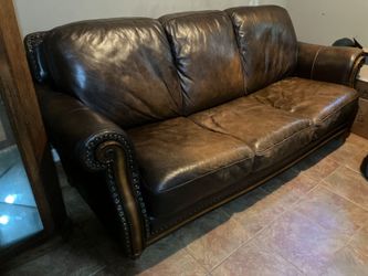 Brown Leather 3-Seat Sofa with Nailhead Trim