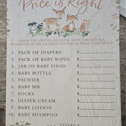Woodland Animal Baby Shower The Price Is Right Game Cards