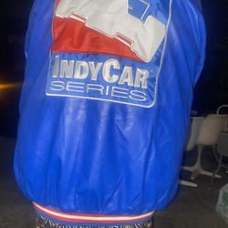 Vintage Indy 500 Racing League Car Series Leather Jacket Mens XL Zip Blue White