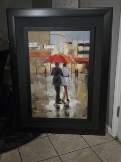 Large Framed Wall Art - Couple in Rain with Red Umbrella - Modern Art