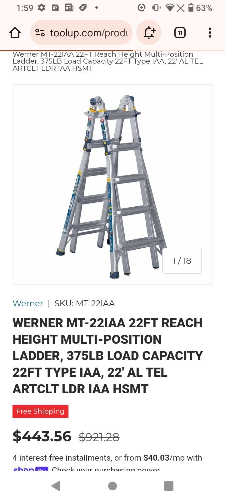 Werner 6 In 1 Multi Position Pro 22ft 375 Lbs. Capacity Aluminum Ladder In Great Condition