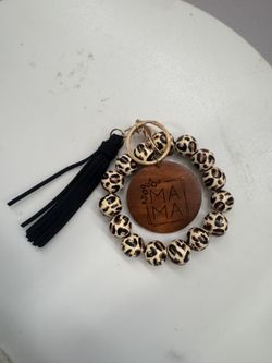 MAMA Beaded Bracelet Keychain – Leopard Print with Tassel, New