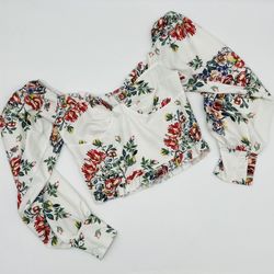 Crop Top Floral Blouse Tee Shirt T-shirt Corset Puff Shoulders Cold Shoulders