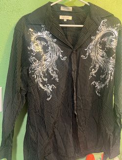 Eighth Avenue Men's M Black Striped Embroidered Long Sleeve Button-Up Shirt