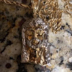 10k Yellow Gold Rope Chain Jesus Head Charm Pendant Set 4mm