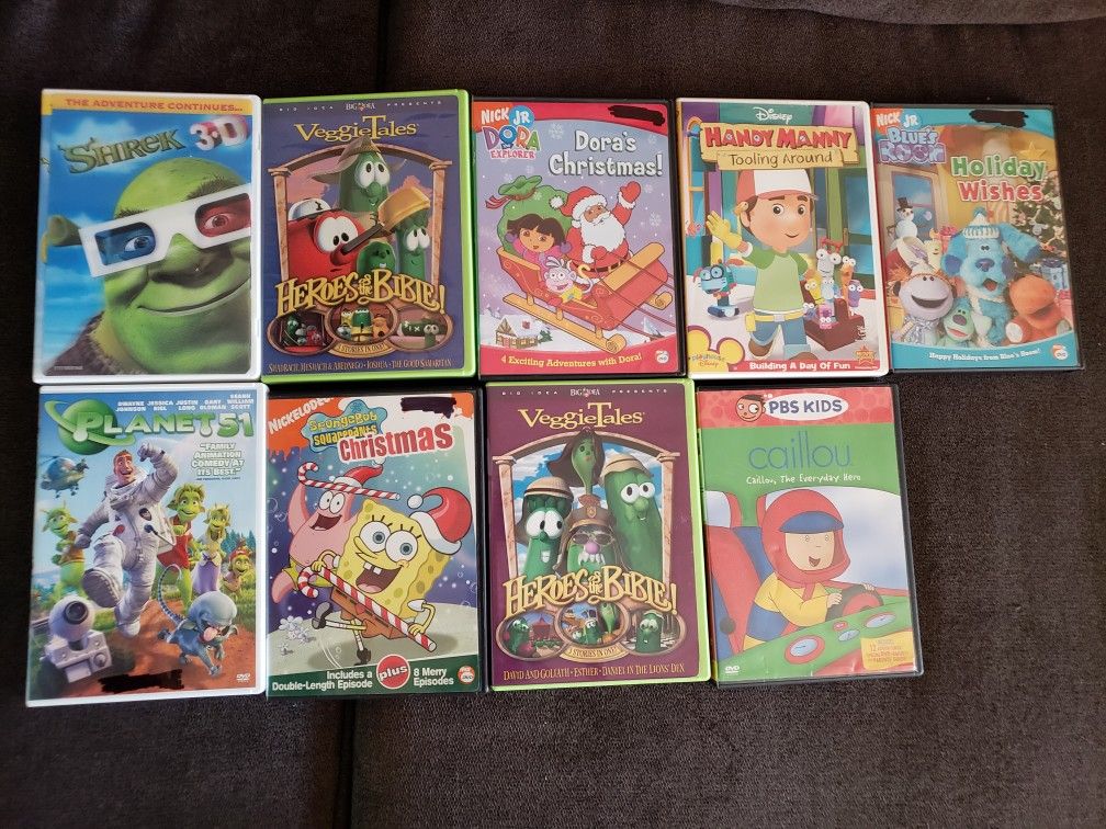 LOT OF KIDS CARTOON DVD MOVIES DISNEY NICK JR DORA MANNY SPONGEBOB BLUES CLUE VEGGIE TAKES SHREK