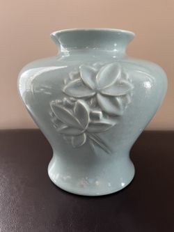 Haeger Pottery Vase with Raised Floral Design. Glossy Glazed Robin Egg Blue