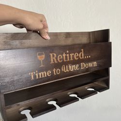 Retirement Gifts for Women: Rustic Humorous Dark Walnut Brown Wall-Mounted Wine Rack for 5 Bottles & 4 Glasses, Fun Congratulations Gift for Wine Love