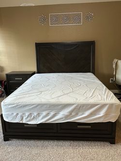 Dark Wood Queen Bed Frame with Storage drawer with mattress side table , dresser with mirror  in excellent condition