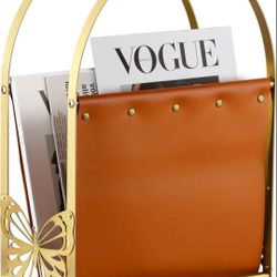 Magazine Holder, Artificial Leather Magazine Rack Floor with Golden Butterfly Hardware & Antique