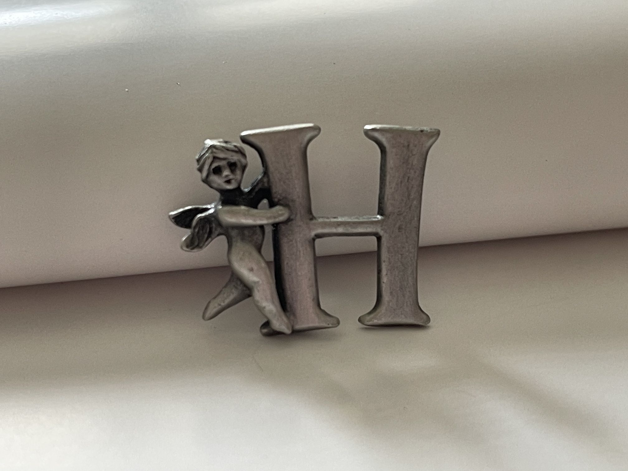 Vintage Signed L Razza Silver Tone Guardian Angel Brooch With Initial H Cherub
