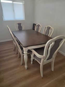 7pc Dining Table Set | Farmhouse Dining Table | 2 Tone Brown wooden table top Antique white | Chairs whit wood & Grey fabric