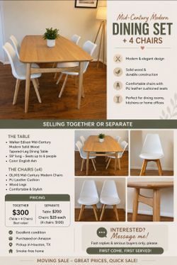Dining Table + 4 Chairs — $300