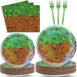 96 Pcs Iridescent Pixel Birthday Party Plates and Napkins for Mining Gamer Supplies Pixel Paper Dessert Plates Gaming Party Tableware Set for Kids 24 