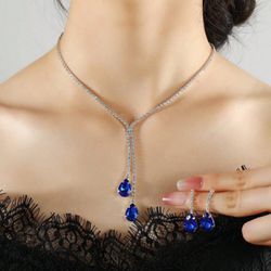 3pcs/Set Fashionable, Elegant, Luxurious, Versatile Blue & White Teardrop Shaped Acrylic & Silver-Colored Necklace And Earrings Set For Women. Perfect