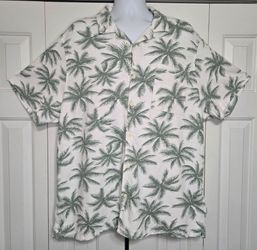 American Eagle Mens Hawaiian XXL Palm Tree White Green Slub Cotton Resort Beach