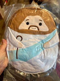 Jesus Plush Toy Squishmallow Style - New Vacuum Sealed New plush toy is made of soft polyester fabric with a brown, white, and blue color scheme. It