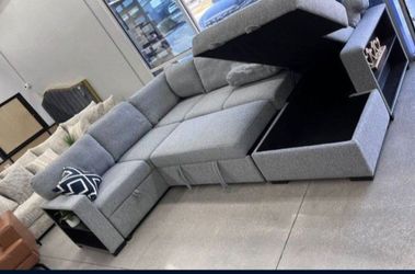 ✅️✅️4 pc Grey boucle fabric sectional sofa with storage chaise and love seat and pop up sleep area in center drop down tray tables✅️✅️✅️
