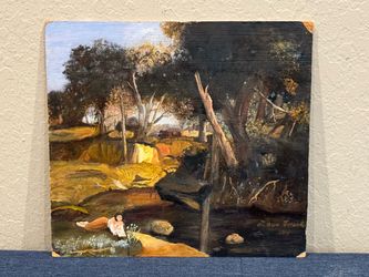 Antique 1904 Woodland Landscape Oil Painting w/ Reclining Woman by Leon Frank