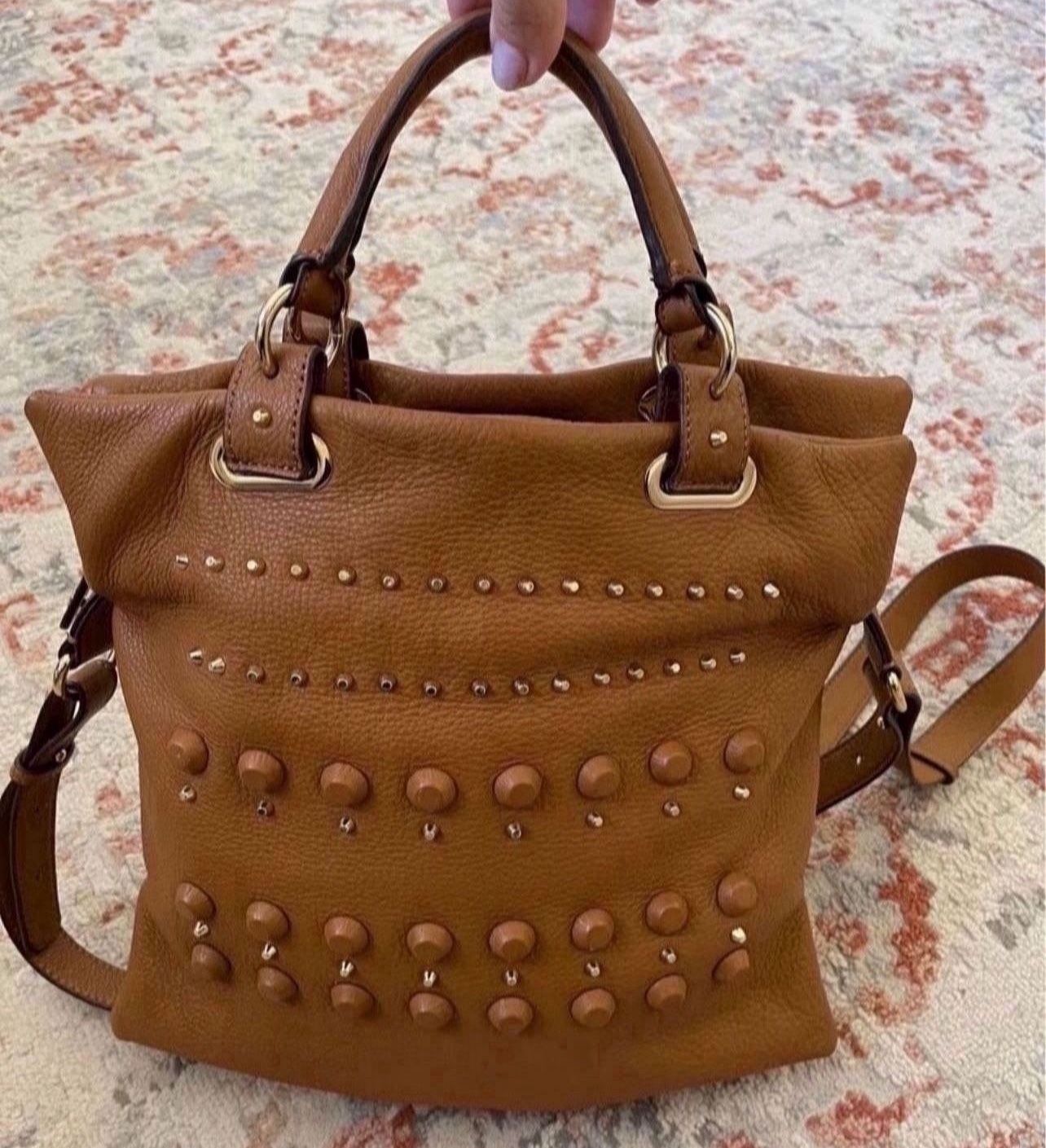 Vince Camuto Leather Crossbody Satchel Bag Studded Gold in excellent condition