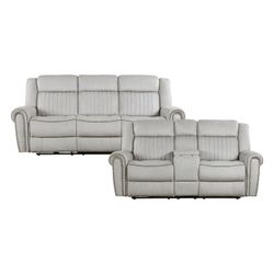 Brand new biege or gray textured microfiber power reclining sofa + loveseat with cup holders and center console