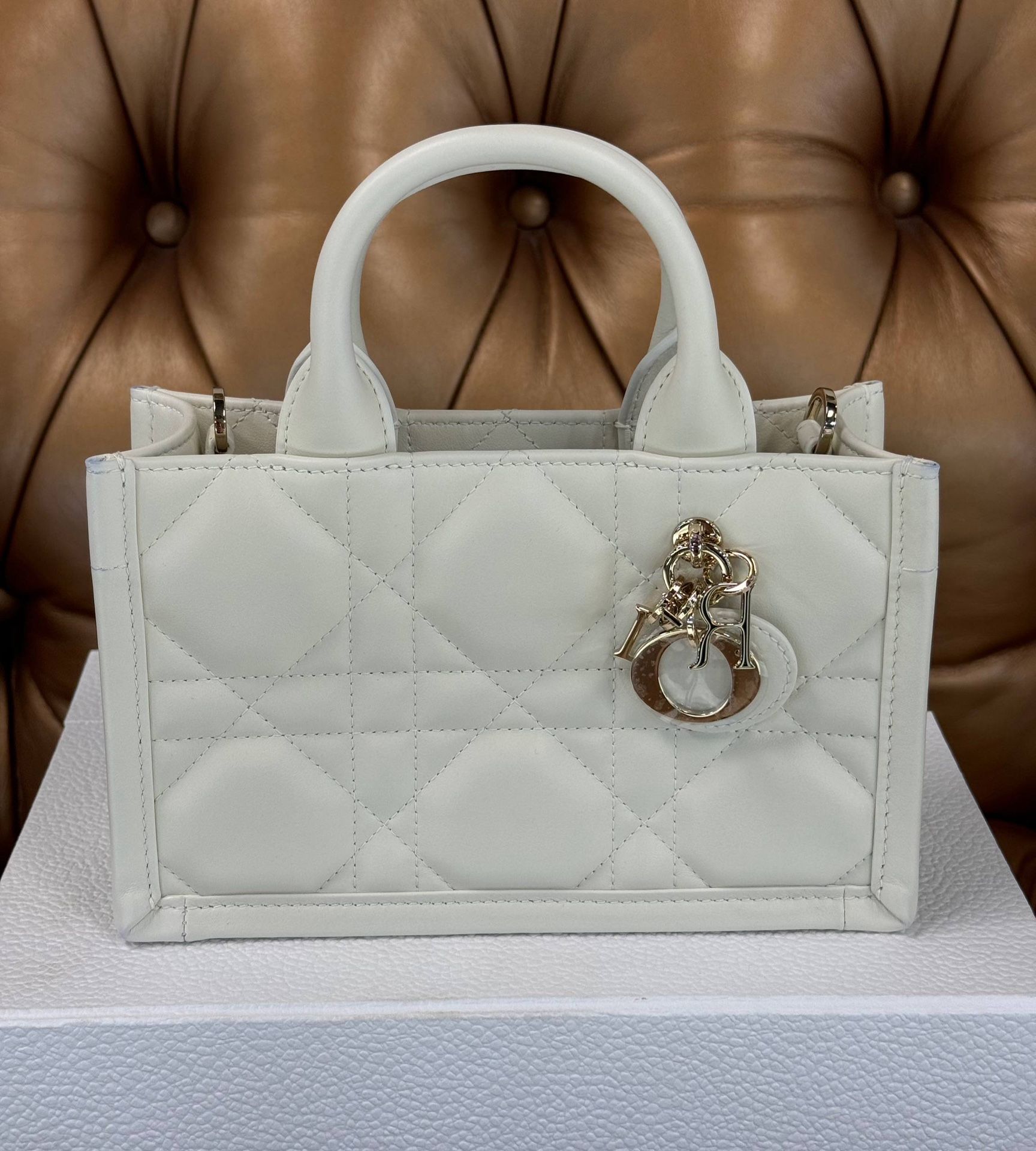Dior Mini Book Tote Bag Latte White/Cream Macrocannage Calfskin Box Dust Bag Strap Sticker