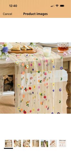 8 pcs Mode Champagne Embroidery Daisy Gauze Table Runner 120 Inch 10FT, Seasonal Sheer Kitchen Dining Holiday Wedding Birthday Table Decor for Home Pa