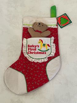 Vintage Dakin Baby's First Christmas plush teddy bear stocking with tags. About 17” long