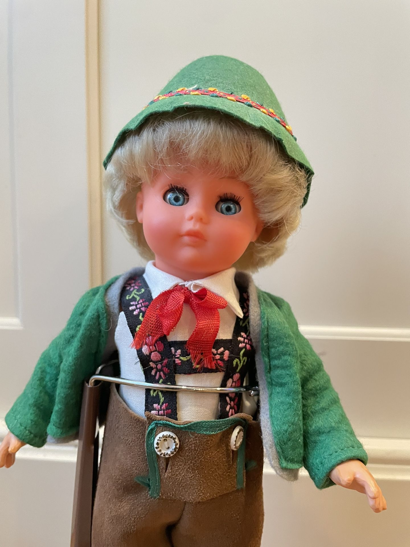 Vintage German Boy 13.5" Doll w/ Hermitage Pottery Adjustable Wooden Stand. Condition is pre owned and is overall in solid and respectable shape. This