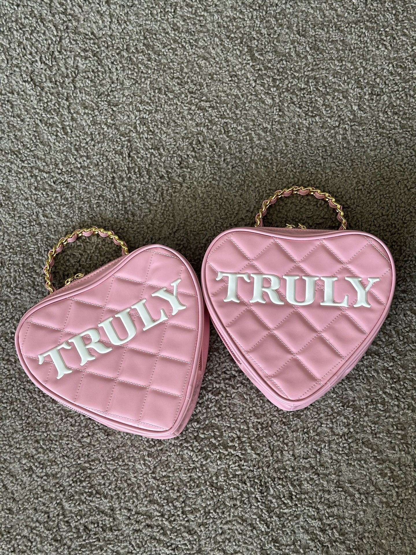 Truly Beauty Pink Quilted Heart Purse Bag With Gold Chain Makeup Handbag