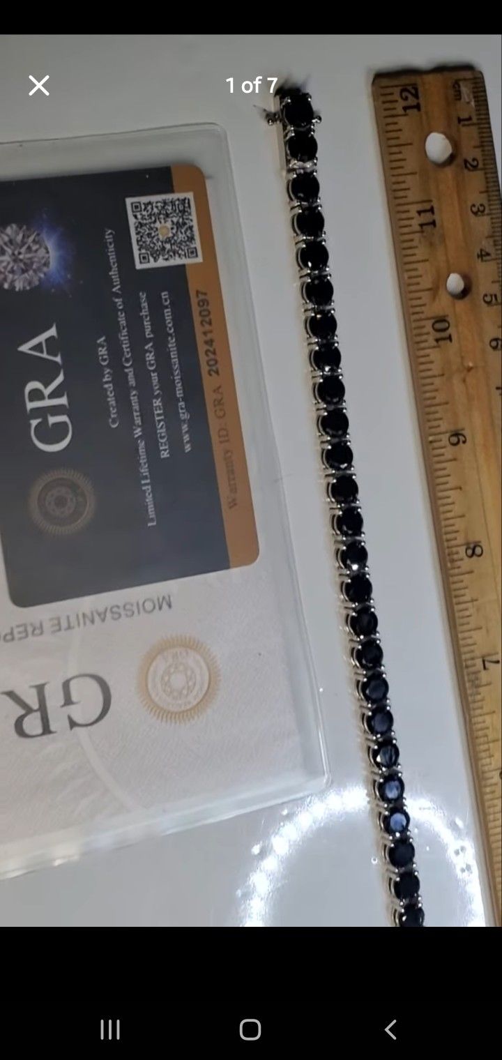8" Inch Black Moissanite Braclet, 925 Sterling Silver, Passes Diamond Tester, New