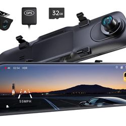 4K Mirror Dash Cam, 12'' Rear View Mirror Camera Smart Driving Assistant w/ADAS and BSD,2160P Front and Rear Camera,Voice Control,Night Vision,Parking
