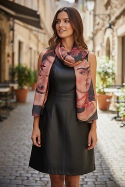 Mexican Frida Kahlo Self-Portrait w Monkeys Long Sheer Scarf Shawl Polyester.  SIZE: 74” long, 28” wide.