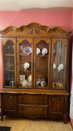 Lighted Vintage Country French China Cabinet Hutch - 2 Piece