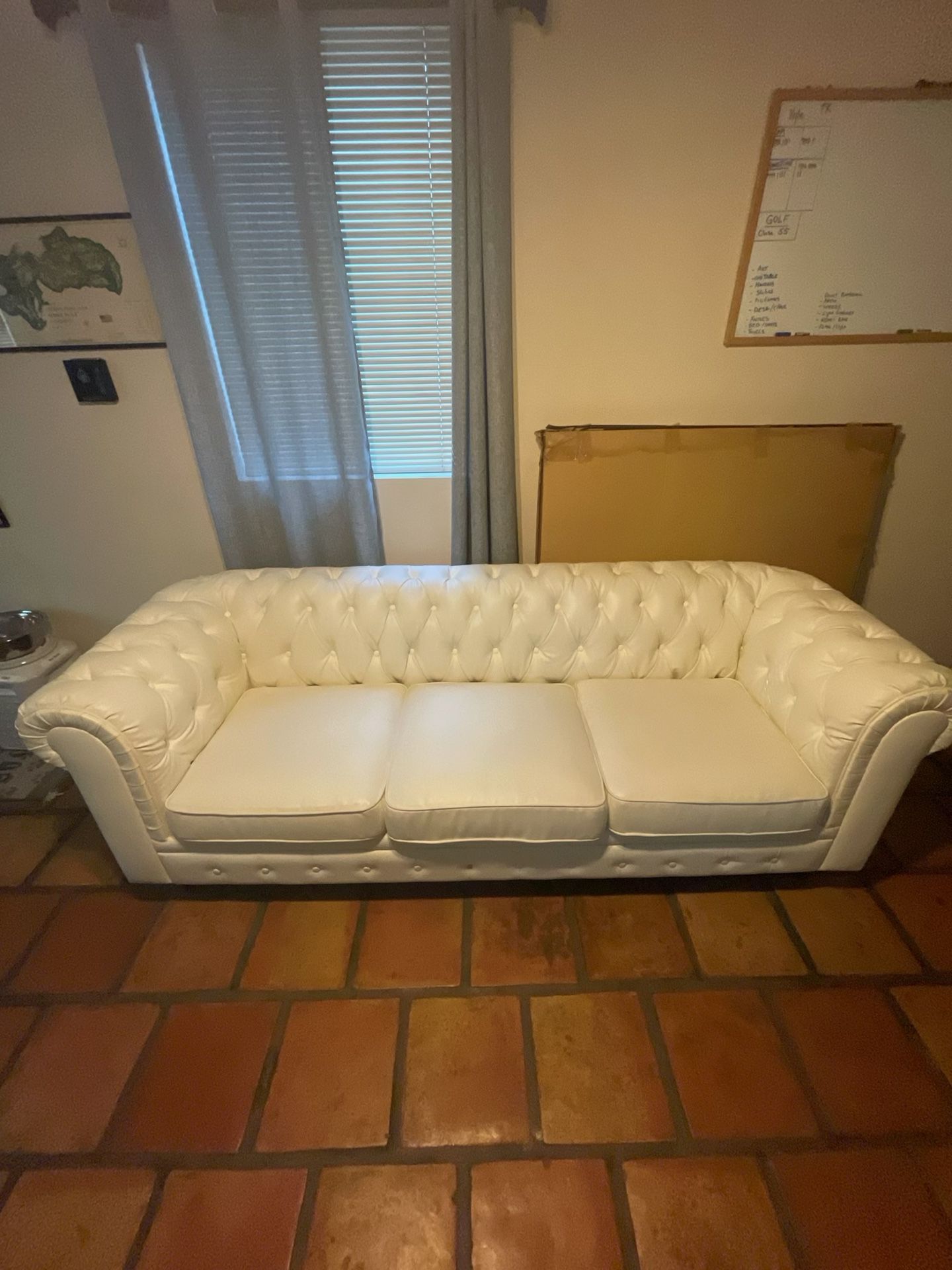 Price Reduction. White Tufted Leather Couch - Mid-century Modern. On Consignment @ $1600