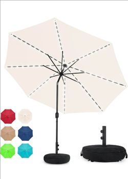 Sundale Outdoor 88 LED 10 FT Solar Patio Umbrella with Base, Navy
Sand Bag Umbrella Base, Tilt, Crank, Solar Lights. 7309/2469