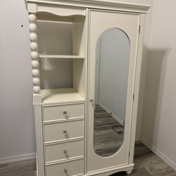 Madison White II Solid Hardwood Armoire - Mirror Door, 4 Drawers, Hanging Rod - White