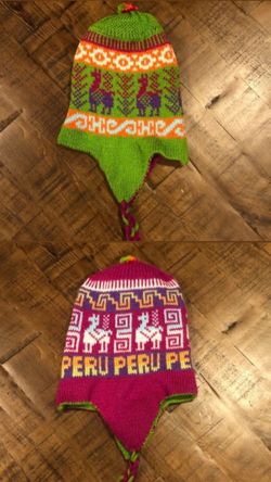 Unisex Pink & Green Multicolor Reversible Adult Peruvian Alpaca Chullo Hat Wint